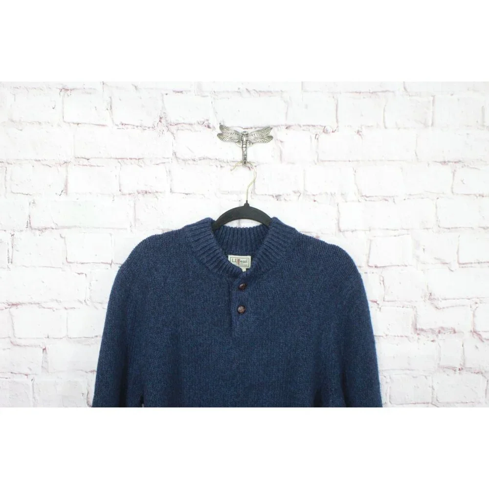 LL Bean Classic Ragg Wool Sweater Henley Nautical Navy Size Medium - Picture 2 of 10